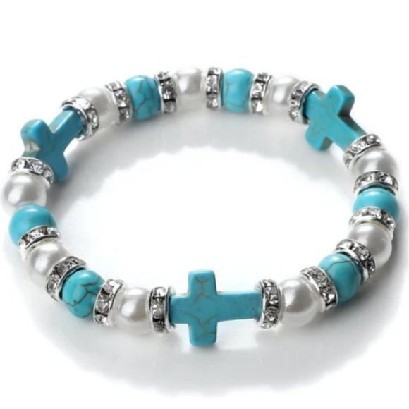 Cross Bracelet,Glass Pearl Bracelet,Pearl Cross Bracelet,Cross Beaded Bracelet - Picture 1 of 1